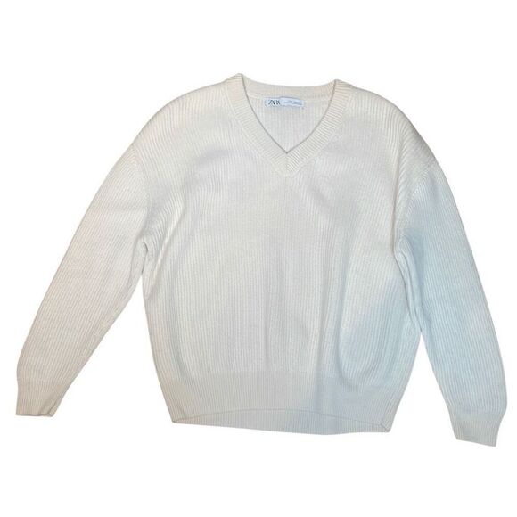 Zara White Wool V-neck Ribbed Sweater - Picture 8 of 11